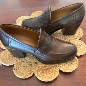 Frye Dark Brown Leather Block Heel Loafers - Women's